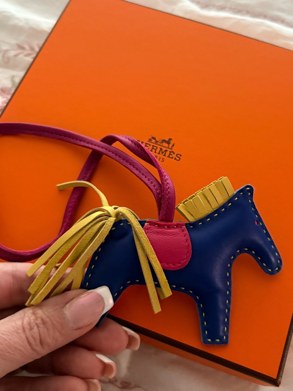 Hermes Blue Leather Horse Charm with Pink Strap and Yellow Mane
